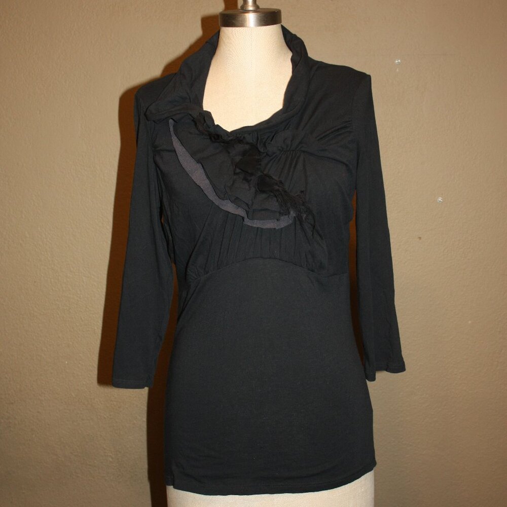 ANTHROPOLOGIE RIC RAC BLACK COTTON TOP SHIRT RUFFLED DETAIL - MEDIUM 2 4